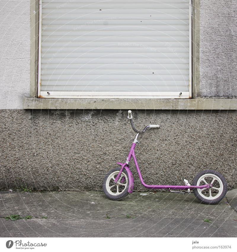 house arrest Colour photo Exterior shot Day Long shot Infancy House (Residential Structure) Facade Window Toys Pink Punish Scooter Caution Kidnap Criminality