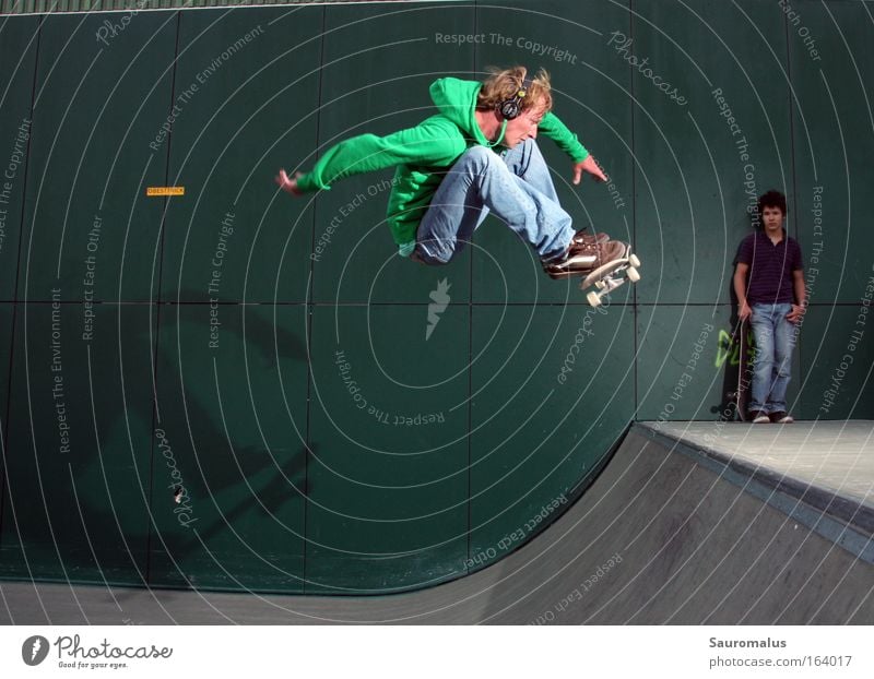 Frontside 180 Colour photo Exterior shot Flash photo Central perspective Forward Sports action sports Skateboard Halfpipe Contentment Joy