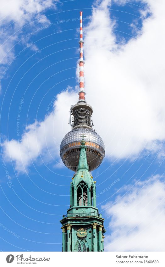 The Television Tower and the Marienkirche in Berlin "berlin Berlin-Mitte" Germany Europe Town Capital city Church Antenna Symmetry "Television tower telespargel
