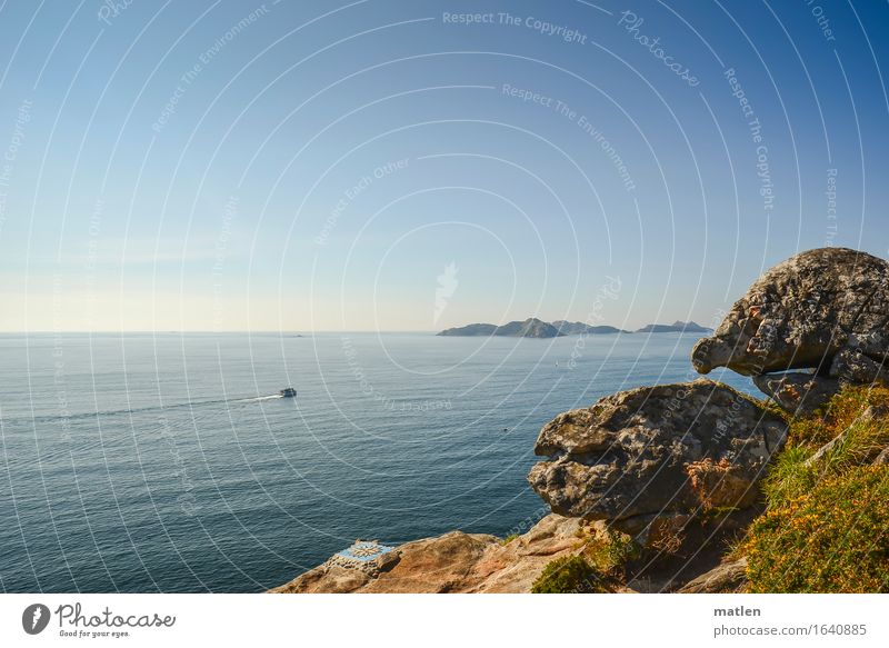 Way of St James Nature Landscape Air Water Sky Cloudless sky Horizon Summer Weather Beautiful weather Hill Rock Coast Ocean Island Yacht Blue Brown Green