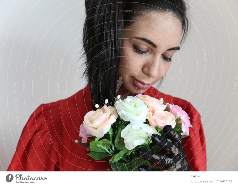 GizzyLovett Feminine 1 Human being Flower Bouquet Dress Gloves Black-haired Long-haired Braids To hold on Dream Beautiful Emotions Contentment Passion Trust
