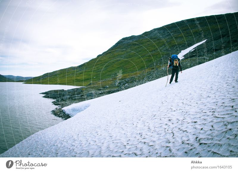 Young female hiker with rucksack and a wooden walking stick carefully crosses a glacier tongue in the Norwegian mountains on a steep slope Adventure Sports