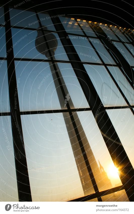 ray of hope Sunset Berlin Alexanderplatz Blue Yellow Line Berlin TV Tower Television tower Railroad Window Light Sphere