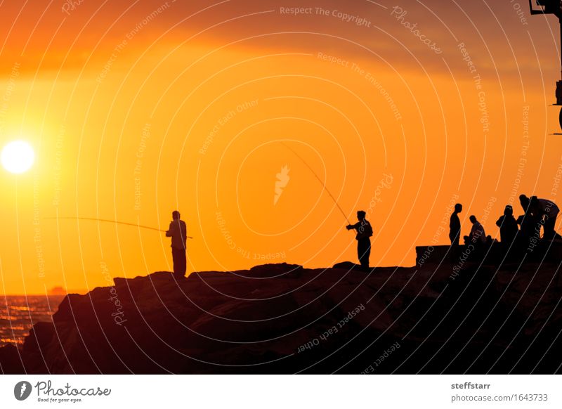 Silhouette of Men fishing on the pier Healthy Fishing (Angle) Vacation & Travel Freedom Human being 6 Nature Water Sky Ocean Harbour Yellow Gold Orange Optimism