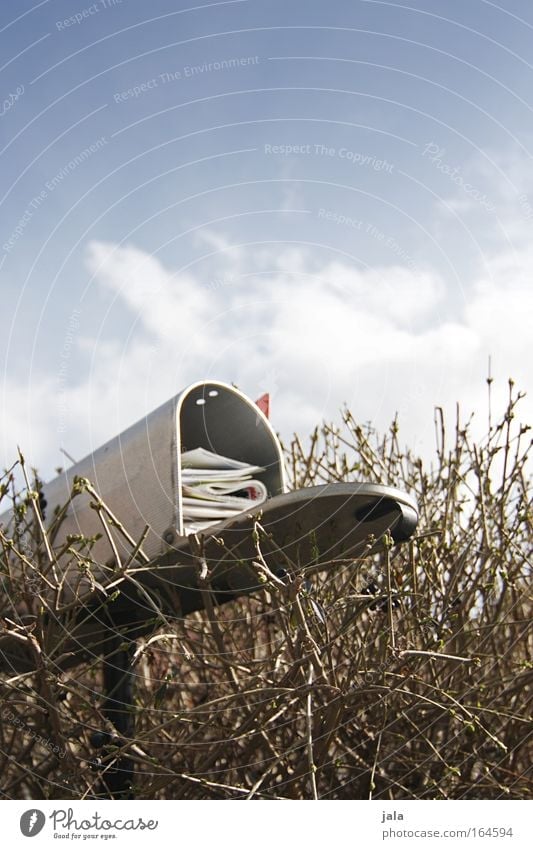 You have mail Colour photo Subdued colour Exterior shot Close-up Deserted Copy Space top Day Sky Beautiful weather Plant Bushes Garden Mailbox Retro Blue Silver