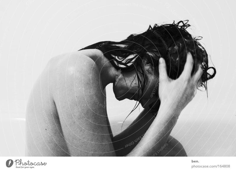 wash one's head Black & white photo Interior shot Neutral Background Central perspective Upper body Downward Human being Feminine Young woman