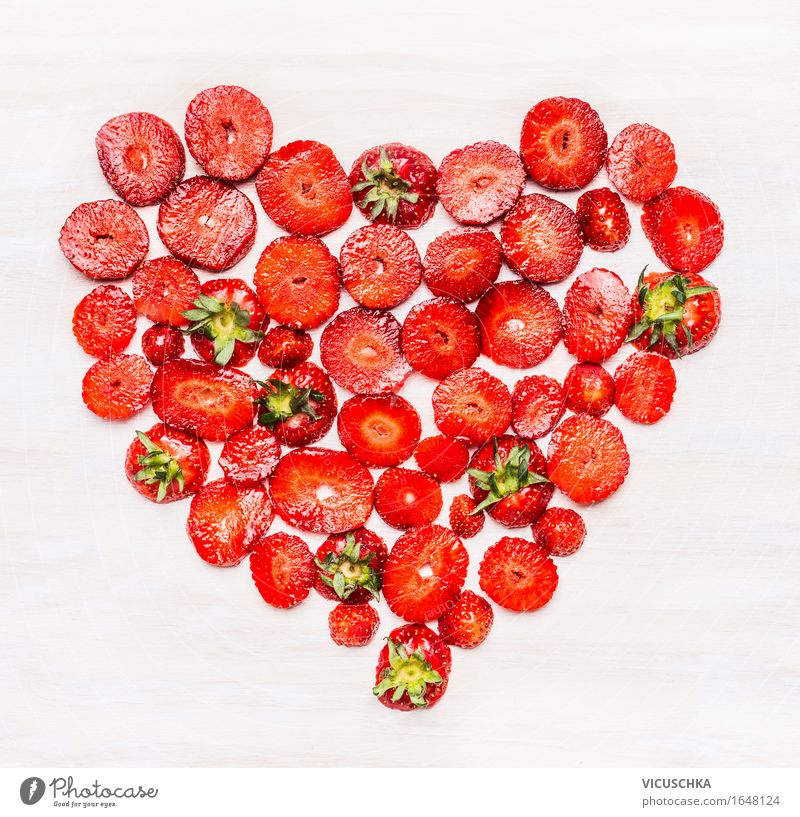 Heart-shaped, sliced from strawberries Food Fruit Nutrition Breakfast Organic produce Vegetarian diet Diet Style Design Healthy Eating Life Valentine's Day