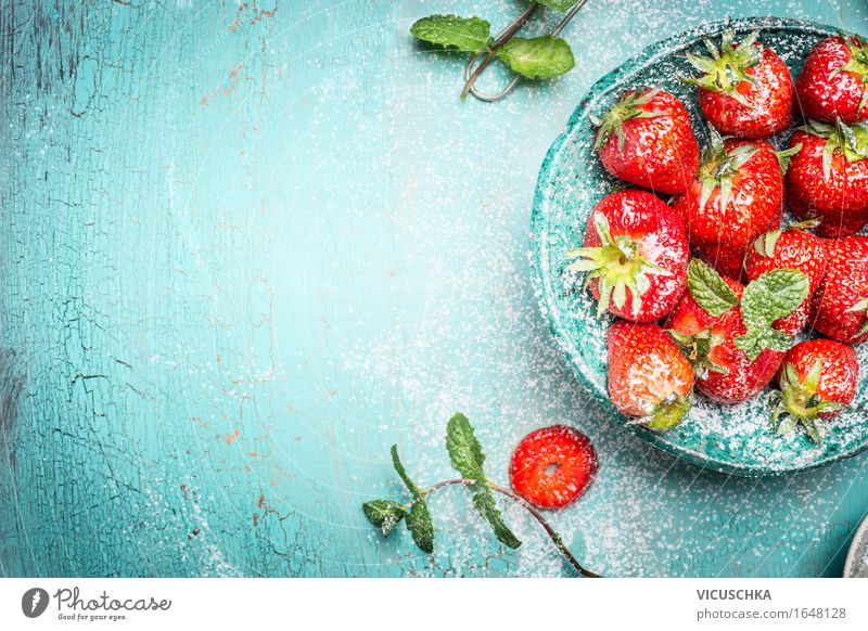 Strawberries with mint in turquoise bowl Food Fruit Dessert Nutrition Breakfast Organic produce Vegetarian diet Diet Bowl Healthy Eating Life Summer Nature