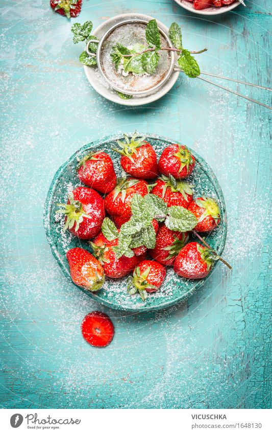 Strawberries with sieve with icing sugar Food Fruit Dessert Nutrition Breakfast Organic produce Vegetarian diet Diet Crockery Bowl Style Design Healthy Eating