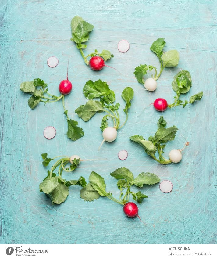 White and red radishes with green leaves Vegetable Lettuce Salad Nutrition Organic produce Vegetarian diet Diet Lifestyle Style Design Healthy Eating Summer