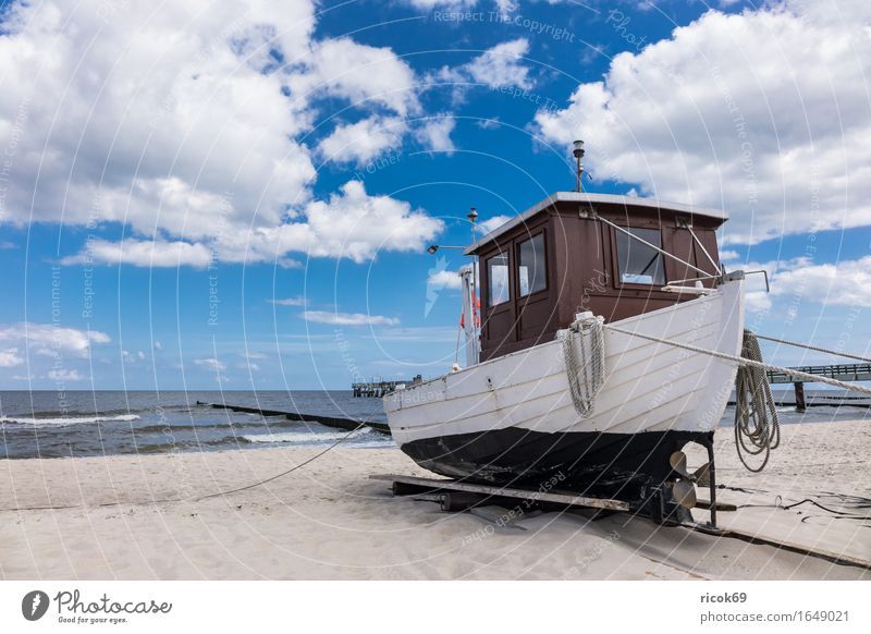 Fishing boat in Koserow on the island Usedom Vacation & Travel Tourism Beach Ocean Nature Landscape Sand Clouds Coast Baltic Sea Watercraft Blue Romance Idyll