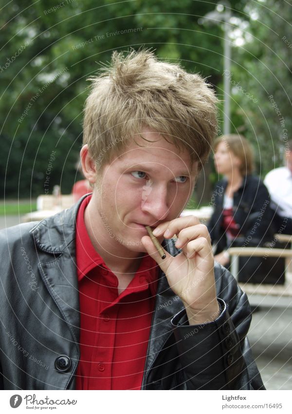 Its a cool Mann!!! Cigarillo Leather Shirt Blonde Café Human being Smoking smoke Exterior shot