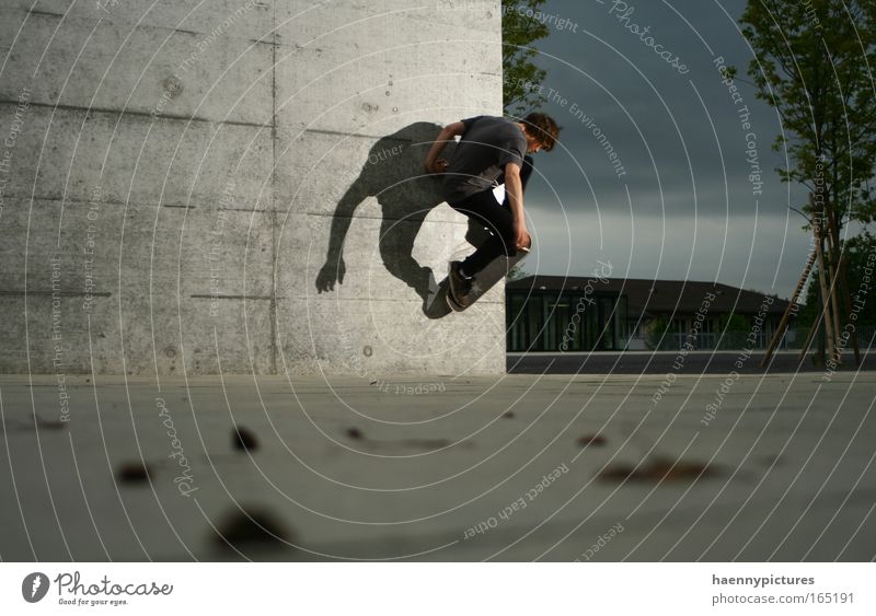 dusk Exterior shot Copy Space left Deep depth of field Long shot Downward Gray Skateboarding 1 Person Individual Only one man One young adult man Adults