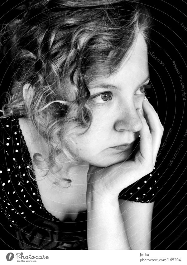 dotted disappointment Black & white photo Close-up Portrait photograph Half-profile Forward Looking away Human being Feminine Young woman Youth (Young adults)