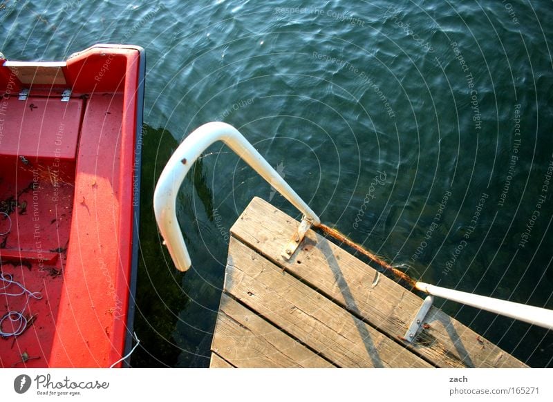 Ready to jump Colour photo Exterior shot Deserted Copy Space top Bird's-eye view Waves Ladder Water Lake Fishing boat Rowboat Watercraft Wood Red Footbridge