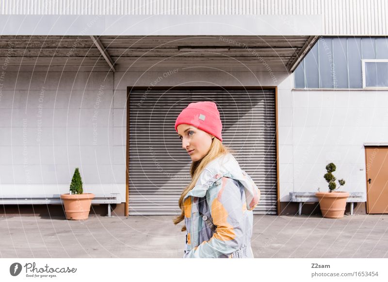 STRW Lifestyle Elegant Style Town Industrial plant Architecture Fashion Jacket Cap Blonde Long-haired Smiling Hip & trendy Beautiful Modern Rebellious