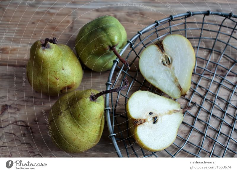 Still life with pears Food Fruit Pear Organic produce Vegetarian diet Diet Bowl Basket Wire basket Style Snowboard Wood Metal Observe Sadness Healthy Together