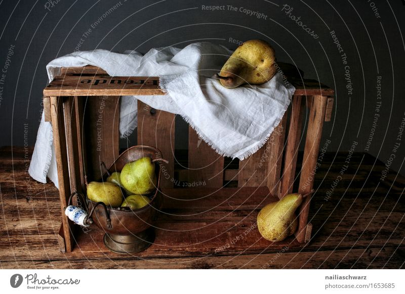 Still life with pears Food Fruit Organic produce Vegetarian diet Diet Fasting Bowl Style Art Work of art Box Watering can Decoration Wood Metal Dark Simple