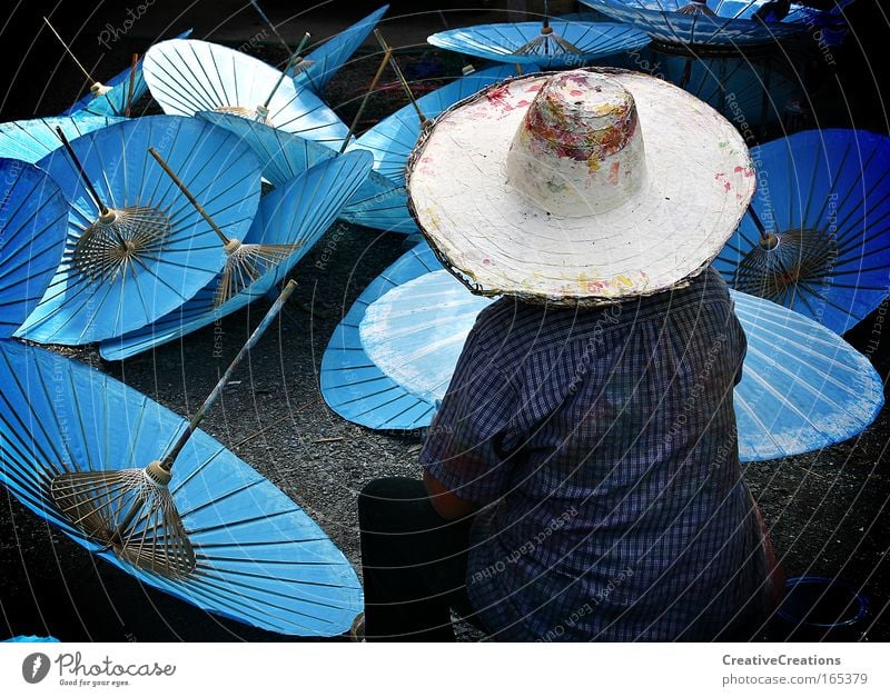 Umbrellas in Thailand Colour photo Exterior shot Copy Space left Day Rear view Looking away Lifestyle Workplace Factory Human being 1 Artist Painter Work of art