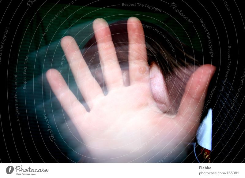 disorientation Colour photo Interior shot Close-up Experimental Blur Motion blur Front view Looking into the camera Human being Hair and hairstyles Hand Fingers