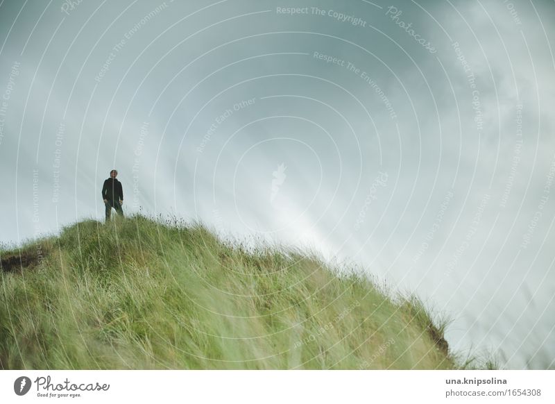John on the hill Man Adults 1 Human being Nature Landscape Elements Clouds Bad weather Grass Hill Coast Dune Scotland Observe Stand Serene Calm Respect
