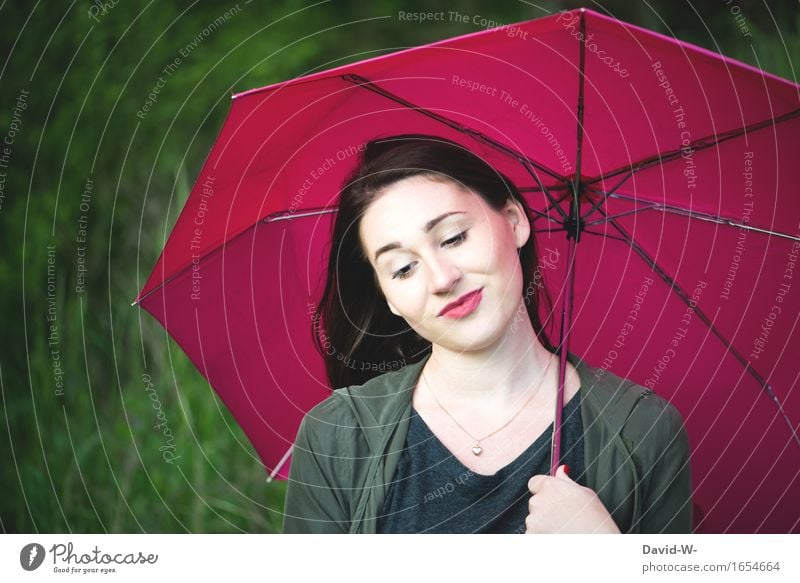 Young woman with red umbrella red nails and red lipstick Umbrella Red redder Lipstick Nail polish pretty Attractive good-looking Picturesque Work of art Nature