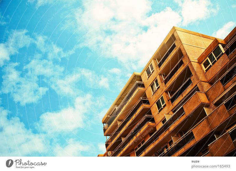 beach house Summer House (Residential Structure) Sky Clouds Beautiful weather Town Building Architecture Facade Balcony Terrace Window Stone Concrete Looking