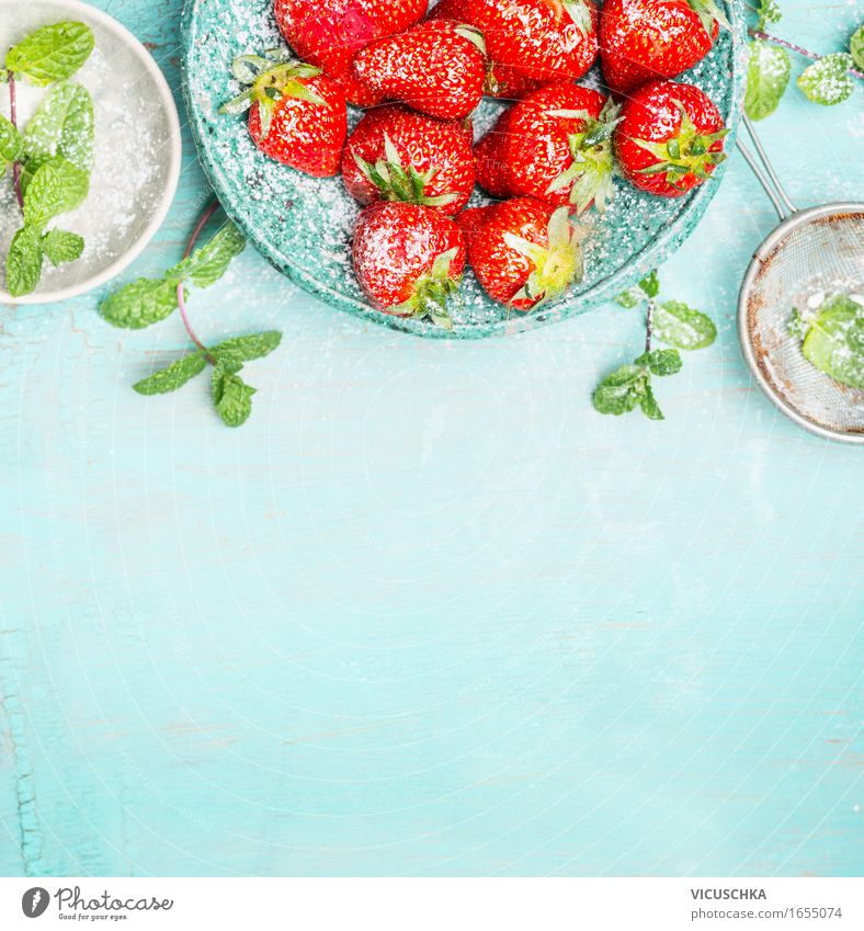 Strawberries with mint and sugar on turquoise background Food Fruit Dessert Nutrition Organic produce Vegetarian diet Crockery Style Design Healthy