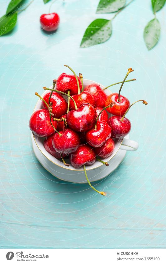 Old cup with sweet cherries Food Fruit Dessert Nutrition Breakfast Lunch Picnic Organic produce Vegetarian diet Diet Cup Lifestyle Style Healthy Eating Summer