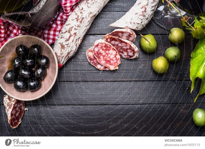 Salami with green and black olives and red wine Food Sausage Vegetable Lunch Buffet Brunch Banquet Italian Food Bowl Style Design Table Antipasti Gourmet Olive