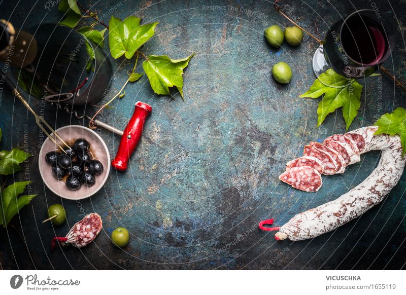 Italian still life with salami, red wine and olives Food Sausage Vegetable Herbs and spices Nutrition Lunch Dinner Buffet Brunch Banquet Italian Food Beverage