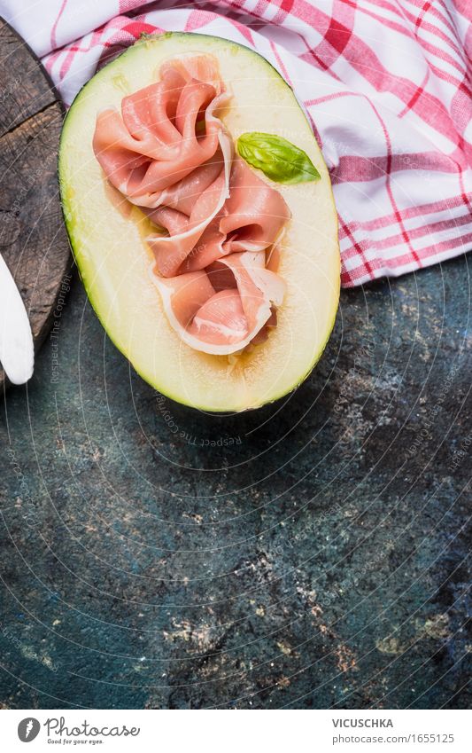 Half the melon and prosciutto ham Food Meat Fruit Nutrition Lunch Buffet Brunch Picnic Organic produce Style Healthy Eating Life Summer Table Restaurant Nature