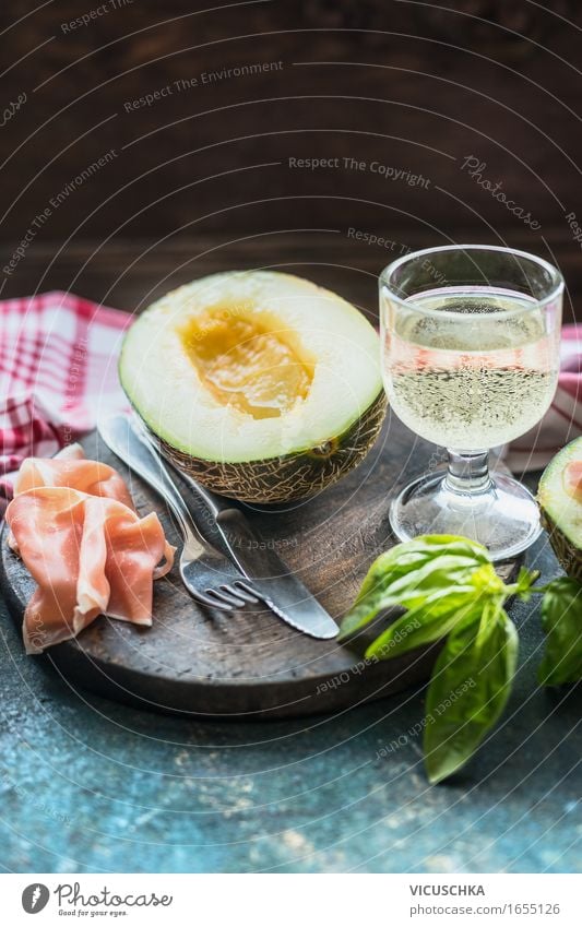 Ham and melon . Mediterranean Cuisine Food Meat Sausage Fruit Nutrition Lunch Banquet Organic produce Italian Food Beverage Wine Crockery Cutlery Style