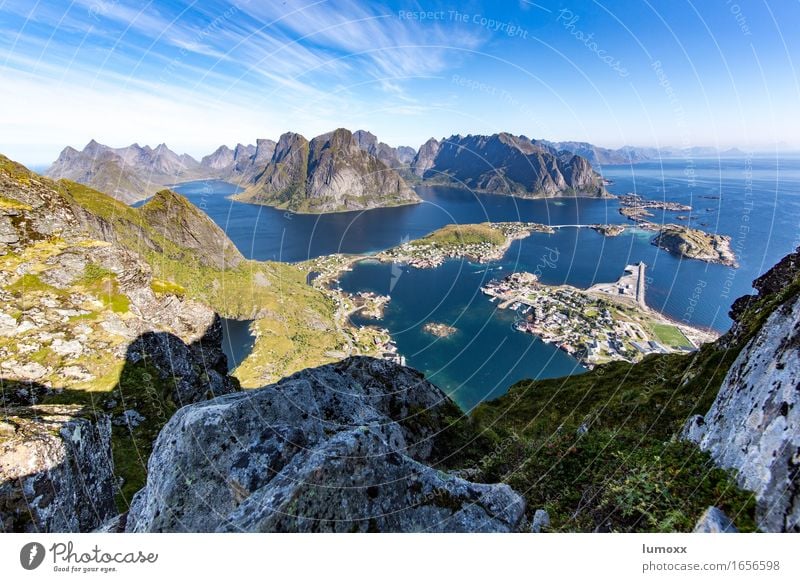 nordic view Environment Nature Landscape Summer Beautiful weather Rock Mountain Coast Bay Fjord Ocean Island Harbour Blue Gray Green Vacation & Travel Hiking