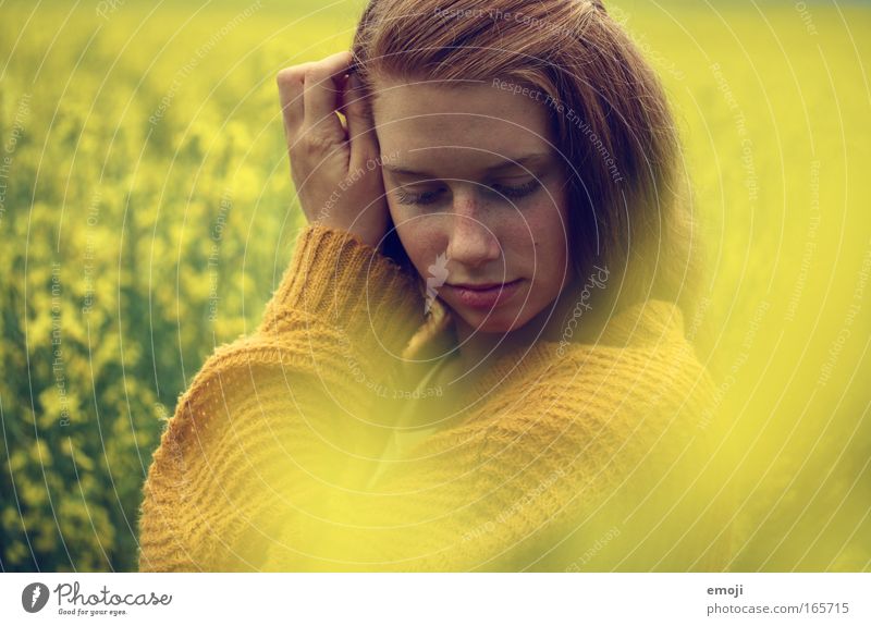 a dream in yellow Colour photo Multicoloured Exterior shot Day Blur Long shot Portrait photograph Upper body Front view Downward Closed eyes Feminine