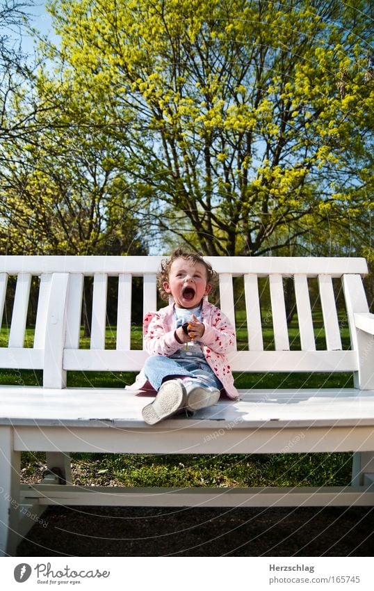 Spring is in the air Multicoloured Copy Space top Wide angle Looking into the camera Happy Toddler Girl Blossoming Smiling Laughter Illuminate Authentic