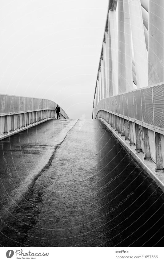 human vs. artefact 1 Human being Bad weather Fog Rain Street Bridge Wet Sadness Dark Loneliness Oslo Black & white photo Exterior shot Copy Space top
