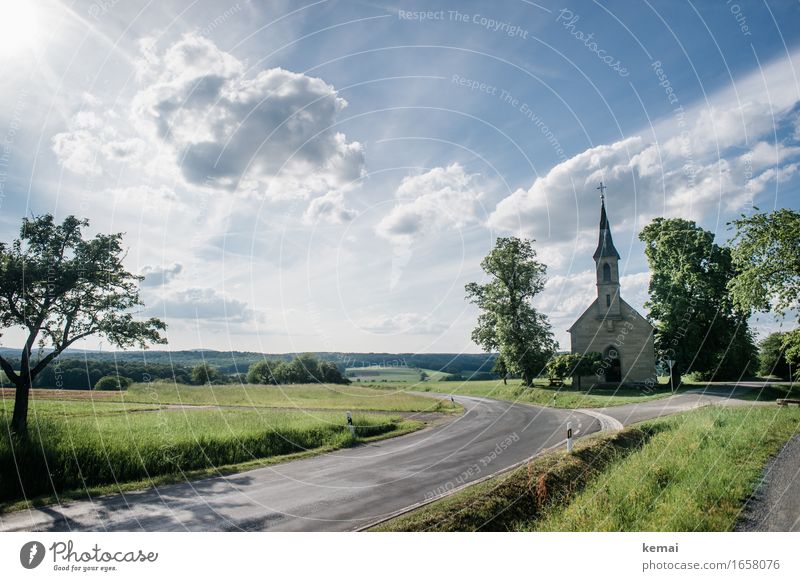 AST9 | The church at the bend of the road Environment Nature Landscape Sky Clouds Sunlight Summer Beautiful weather Tree Meadow Field Church Street Crossroads