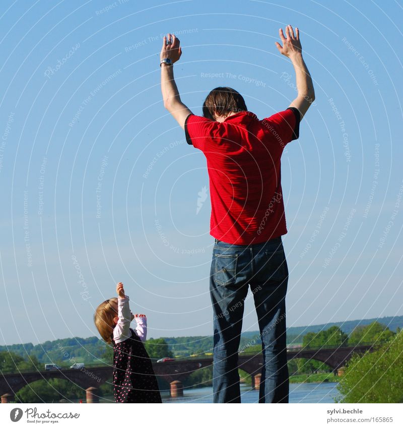 hands in the air Trip Adventure Freedom Success Toddler Girl Man Adults Father Family & Relations Infancy Arm Hand Cloudless sky River bank Bridge Infinity Tall