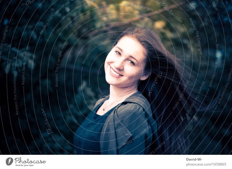 young pretty woman smiles into the camera Woman Smiling contented Attractive kind Positive Joy naturally Brunette