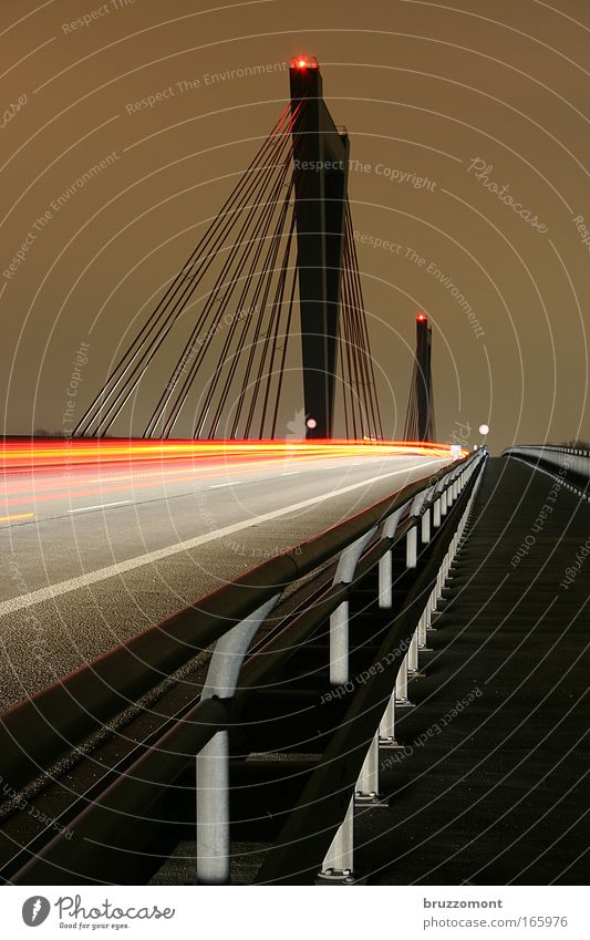 red-light sinner Colour photo Exterior shot Copy Space left Copy Space right Night Long exposure Motion blur Duesseldorf Bridge Transport Means of transport