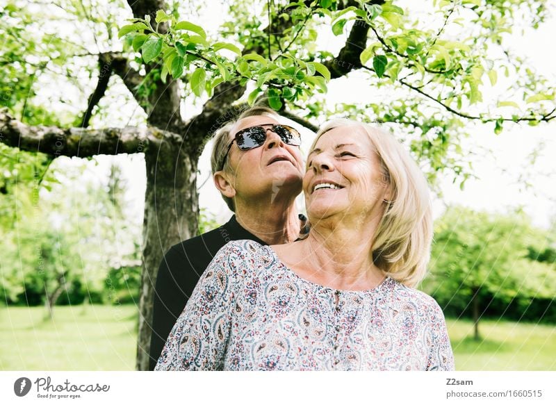 what a life Female senior Woman Male senior Man 60 years and older Senior citizen Nature Landscape Summer Beautiful weather Tree Garden Blonde To enjoy Smiling