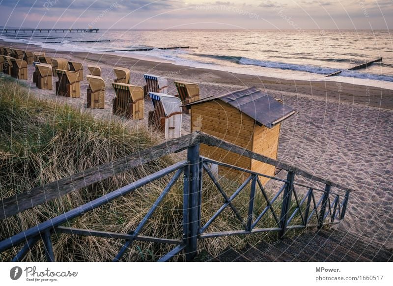 on the beach Environment Landscape Bad weather Thunder and lightning Plant Grass Waves Beach Bay Baltic Sea Ocean Island Kitsch Vacation & Travel Beach chair