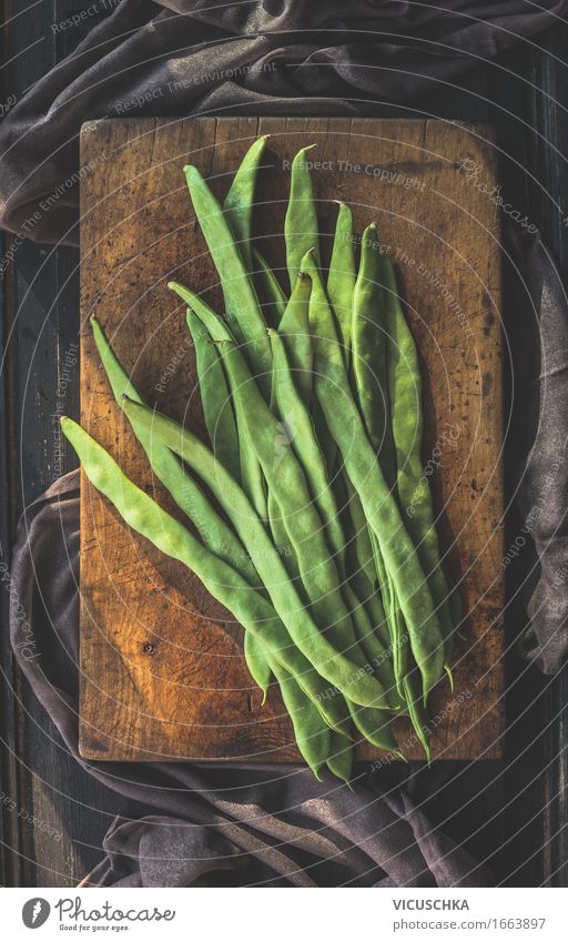Green French beans on chopping board Food Vegetable Organic produce Vegetarian diet Diet Style Design Healthy Eating Life Table Kitchen Beans Chopping board