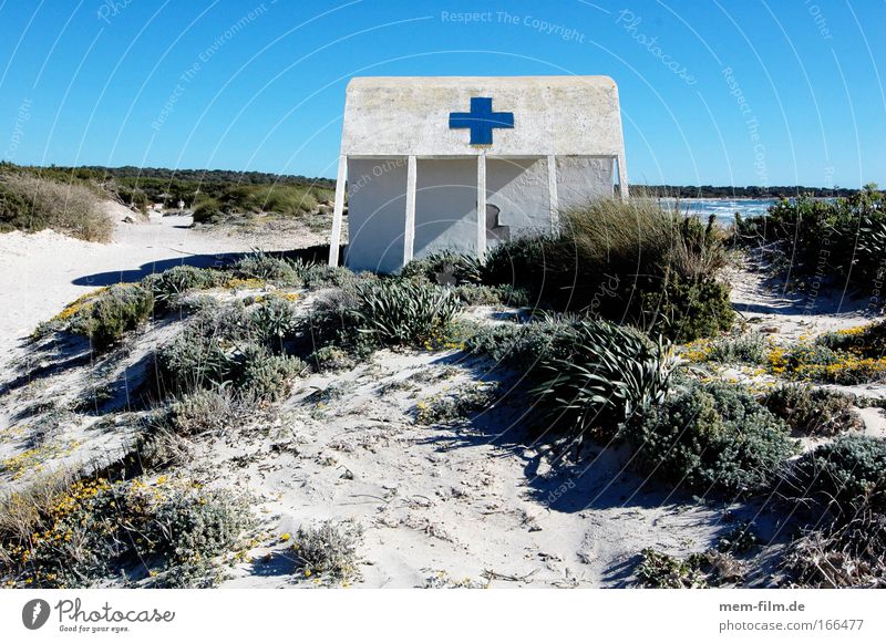 blue instead of red Crucifix Beach Rescue First Aid Majorca Bay watch Beach hut Blue Beach dune Marram grass Deserted Hut