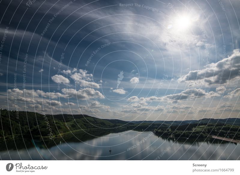 radiant Nature Landscape Plant Air Water Sky Clouds Horizon Spring Summer Beautiful weather Hill Lakeside Lake Bigge Sauerland Inland navigation Boating trip