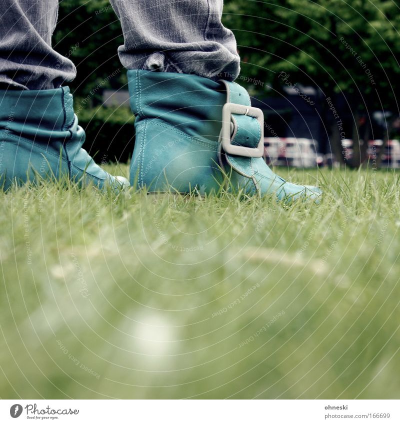 green shoes Colour photo Exterior shot Copy Space bottom Day Deep depth of field Worm's-eye view Lifestyle Style Design Grass Jeans Leather Footwear Boots Going