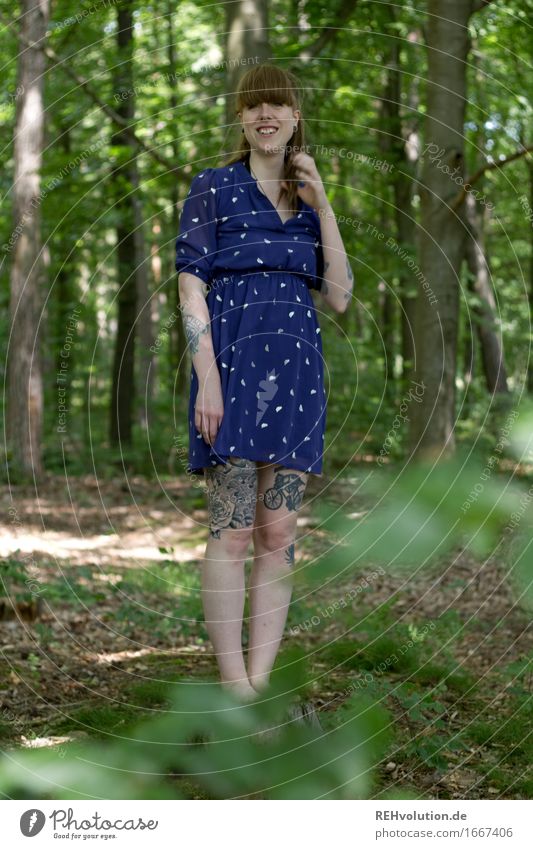 Carina in the woods. Trip Human being Feminine Young woman Youth (Young adults) 1 18 - 30 years Adults Environment Nature Tree Forest Dress Tattoo Piercing
