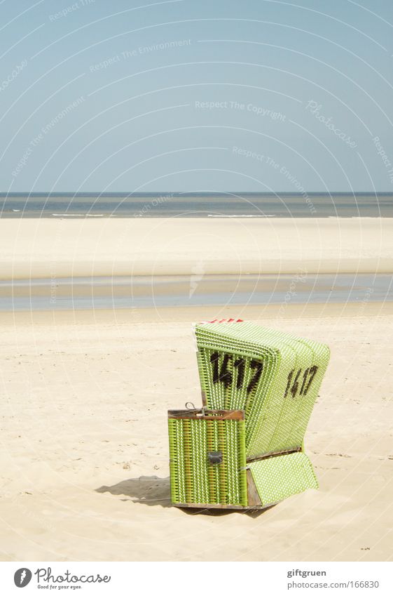 no. 1417 Colour photo Subdued colour Exterior shot Deserted Copy Space top Day Landscape Beautiful weather Coast North Sea Langeoog Loneliness Beach chair