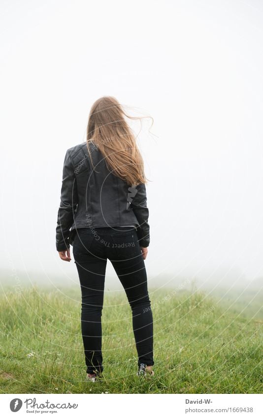 Where am I Human being Feminine Young woman Youth (Young adults) Woman Adults Life 1 Nature Fog Meadow Observe Relaxation Wind Blur Unclear Shroud of fog Forget